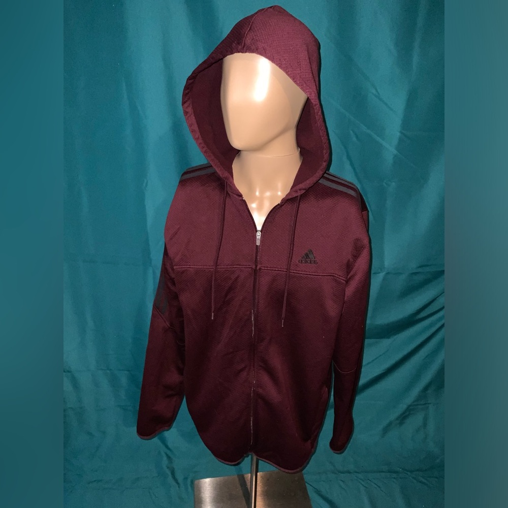 adidas Maroon Burgundy Zip-Up Hoodie with Black Stripes